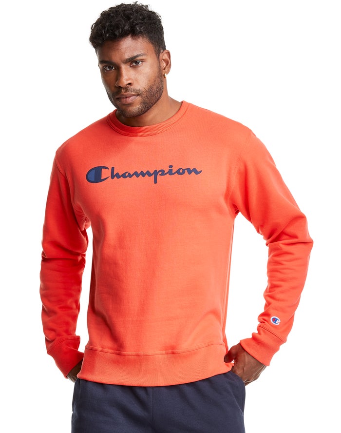 Champion Herre Sweatshirt Orange - Powerblend Fleece Crew Script Logo - Danmark AJH-384159